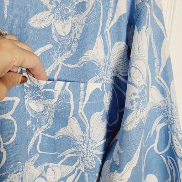 Magaschoni Shirt Womens XL Blue White Floral Linen Button Up Pocket Resort Boxy - Picture 5 of 9